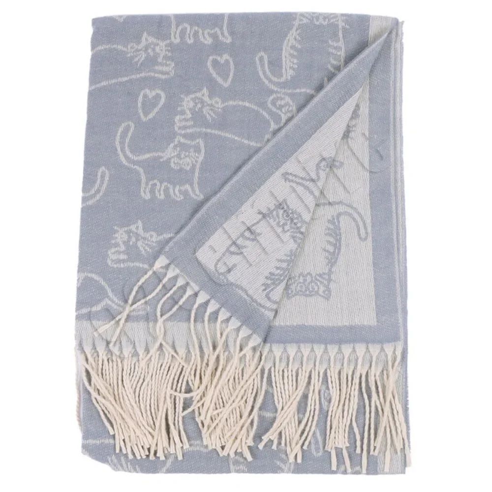 Fringed Shawl Scarf with Cat and Dog Design 74” x 26”